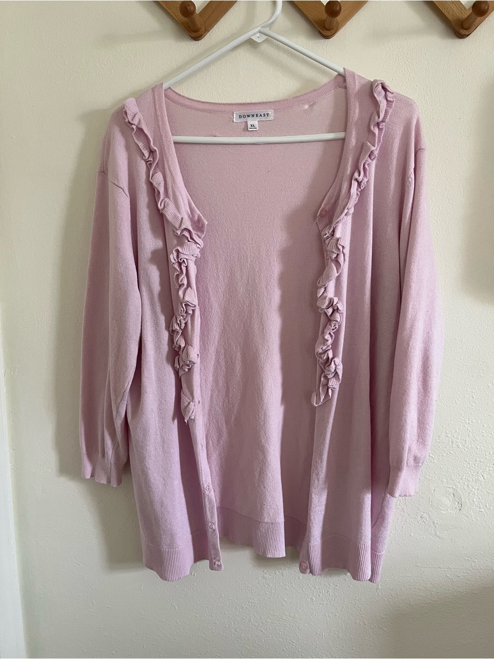 DownEast Light Pink Ruffle Trim Open Cardigan